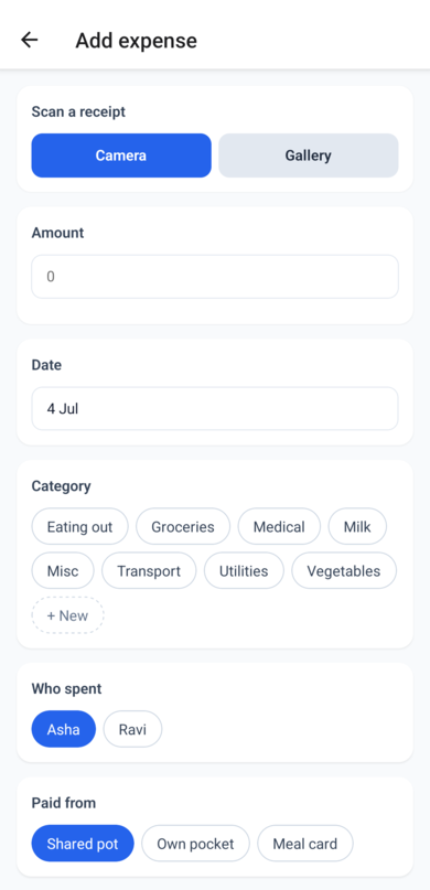The add expense form with amount, category, who spent, and paid from