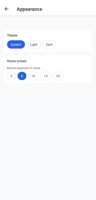The Appearance screen with theme and recent-expenses count
