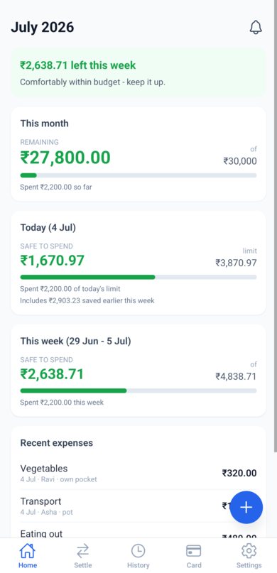 The home screen showing the weekly banner, month, today, and week cards