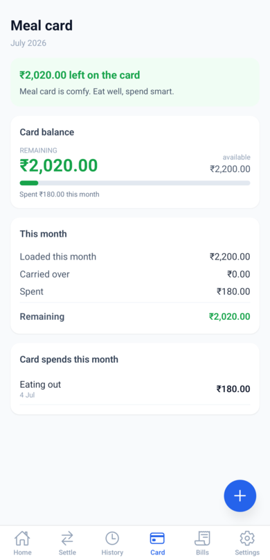The Card tab showing the balance, monthly breakdown, and card spends