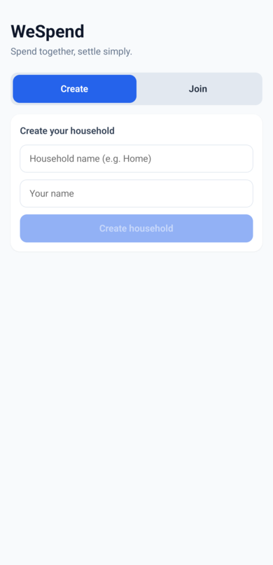 The onboarding screen with Create and Join tabs