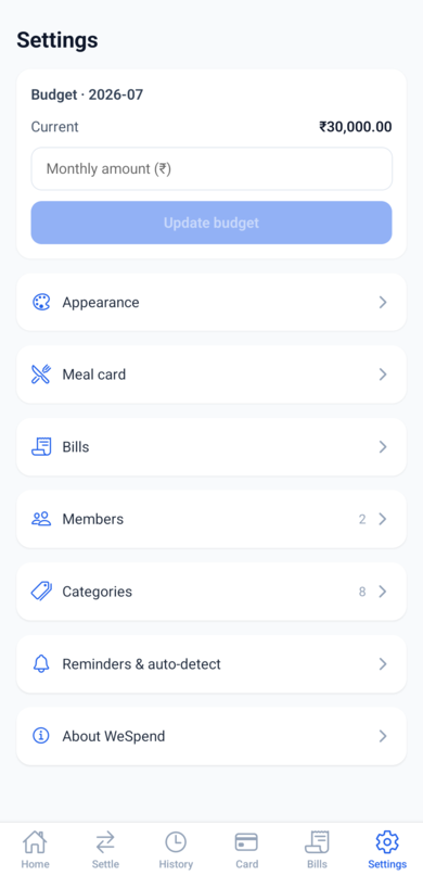 The settings screen with the budget card and the menu of settings screens
